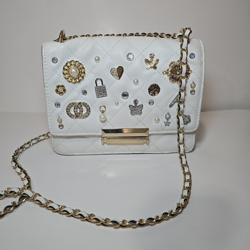 ALDO White Quilted Crossbody Bag Gold Chain Rhinestone Pearl Charm Purse